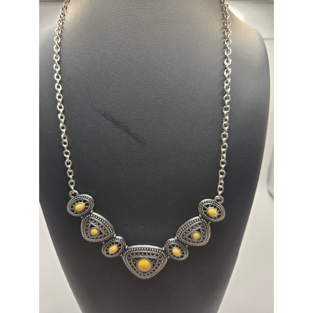 Silver Tone Yellow Cabochon Geometric Statement Necklace UV Glow Boho Bib